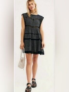 Free People Retro Kitty Crochet Trim Black White Floral Boho Dress SIZE L